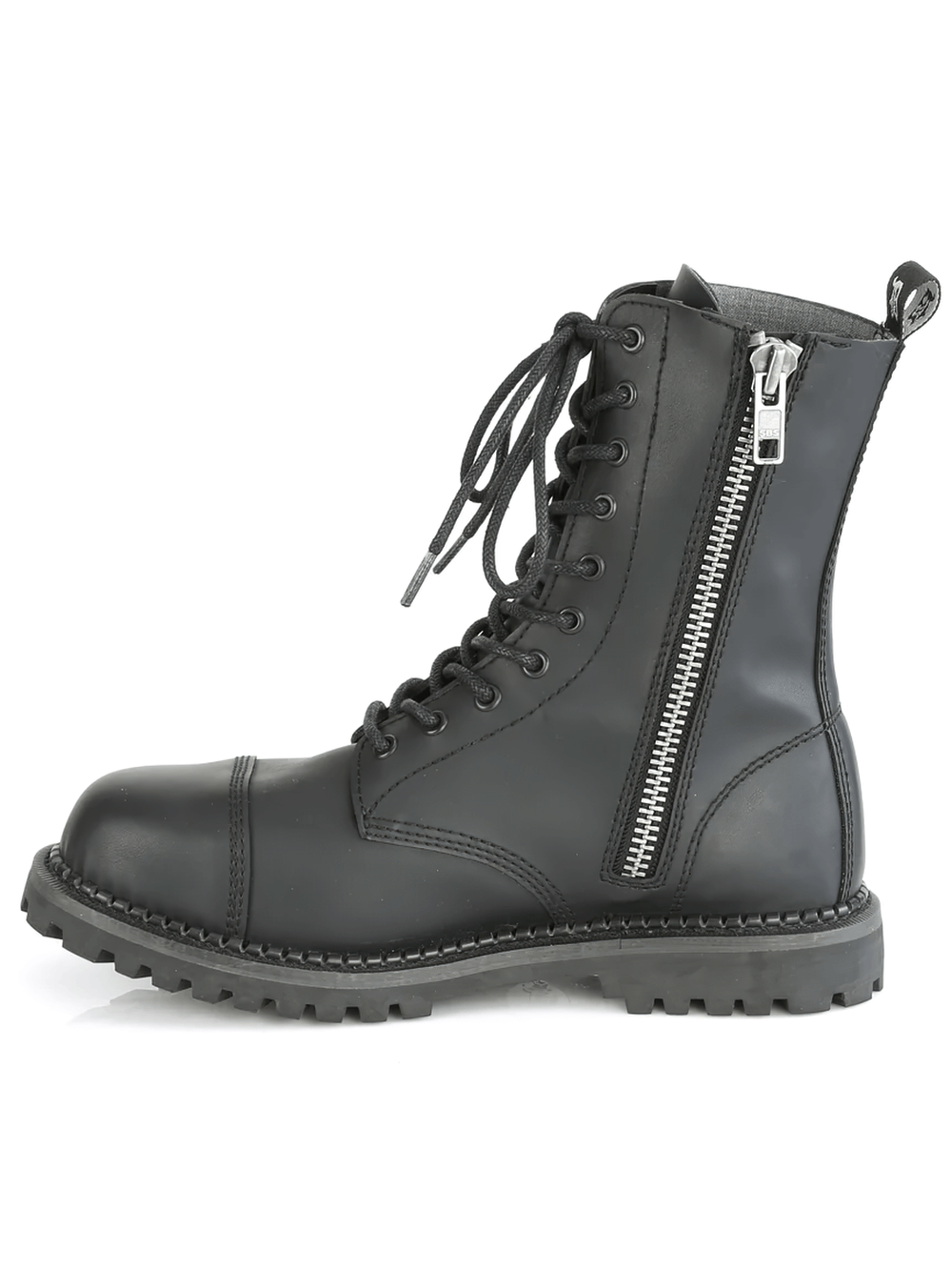 DEMONIA Vegan Leather 10-Eyelet Steel Toe Ankle Boot