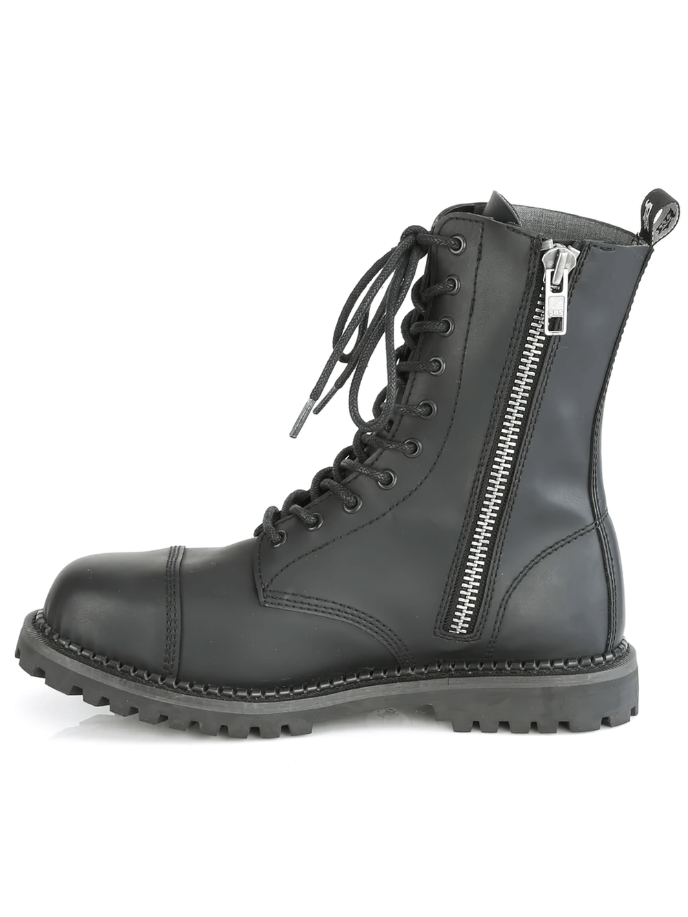 Demonia vegan leather unisex 10-eyelet ankle boot with steel toe and zipper, ideal for durable style and stability.