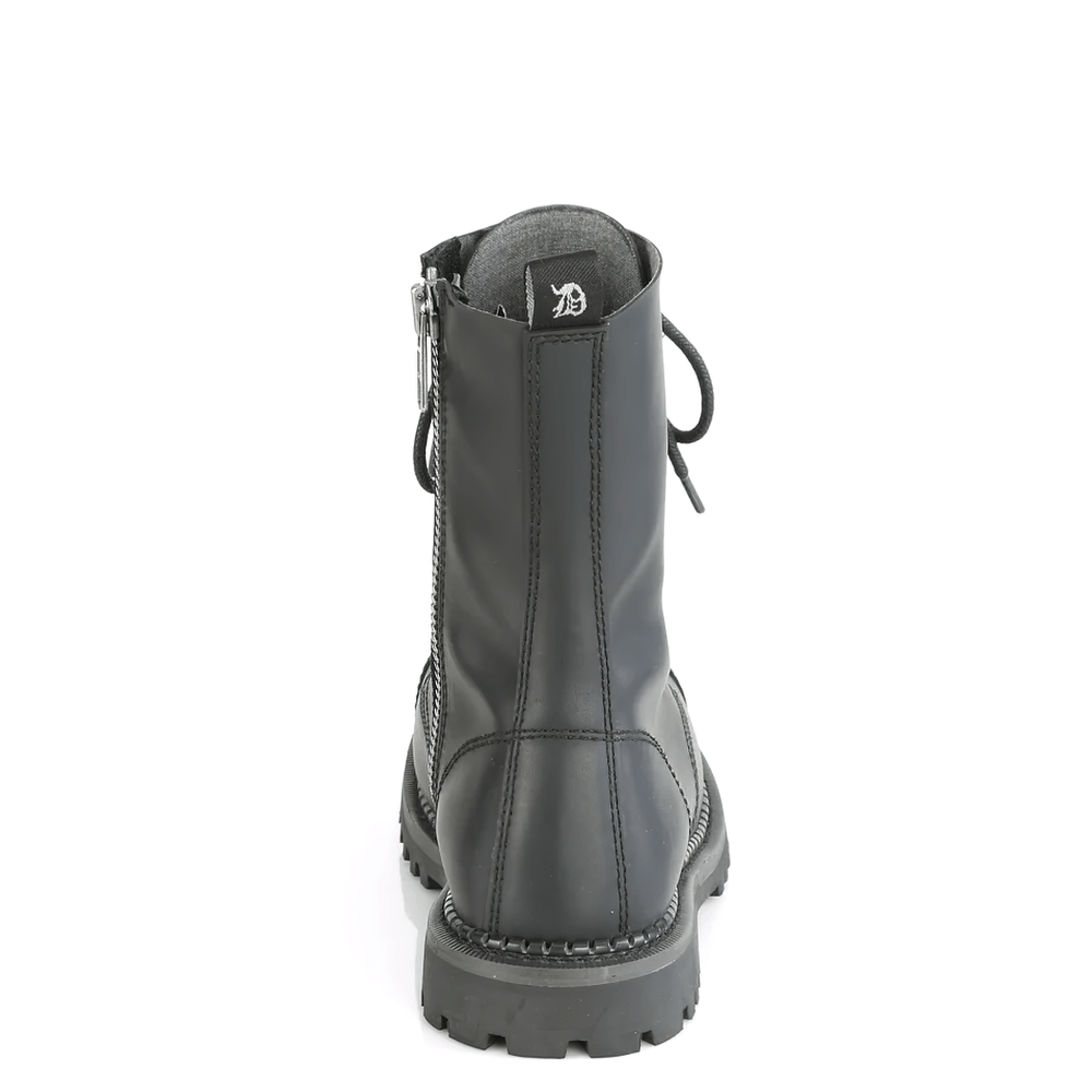 Back view of Demonia vegan leather 10-eyelet steel toe ankle boot with a zipper and rugged sole.