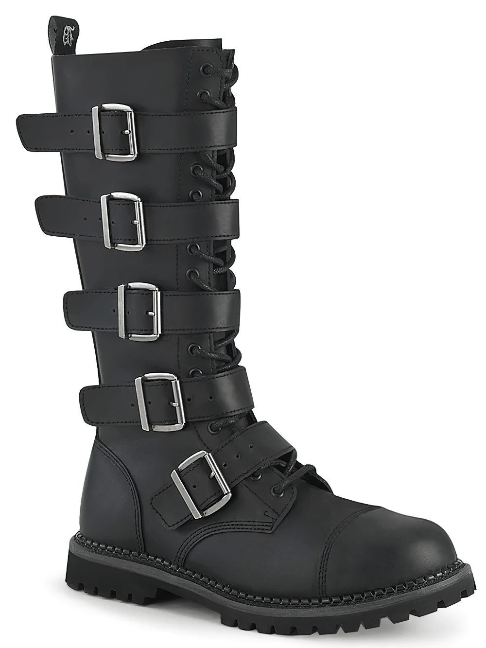 Demonia vegan leather 5-buckle steel toe lace-up boots with eyelets and robust sole, perfect for edgy fashion.