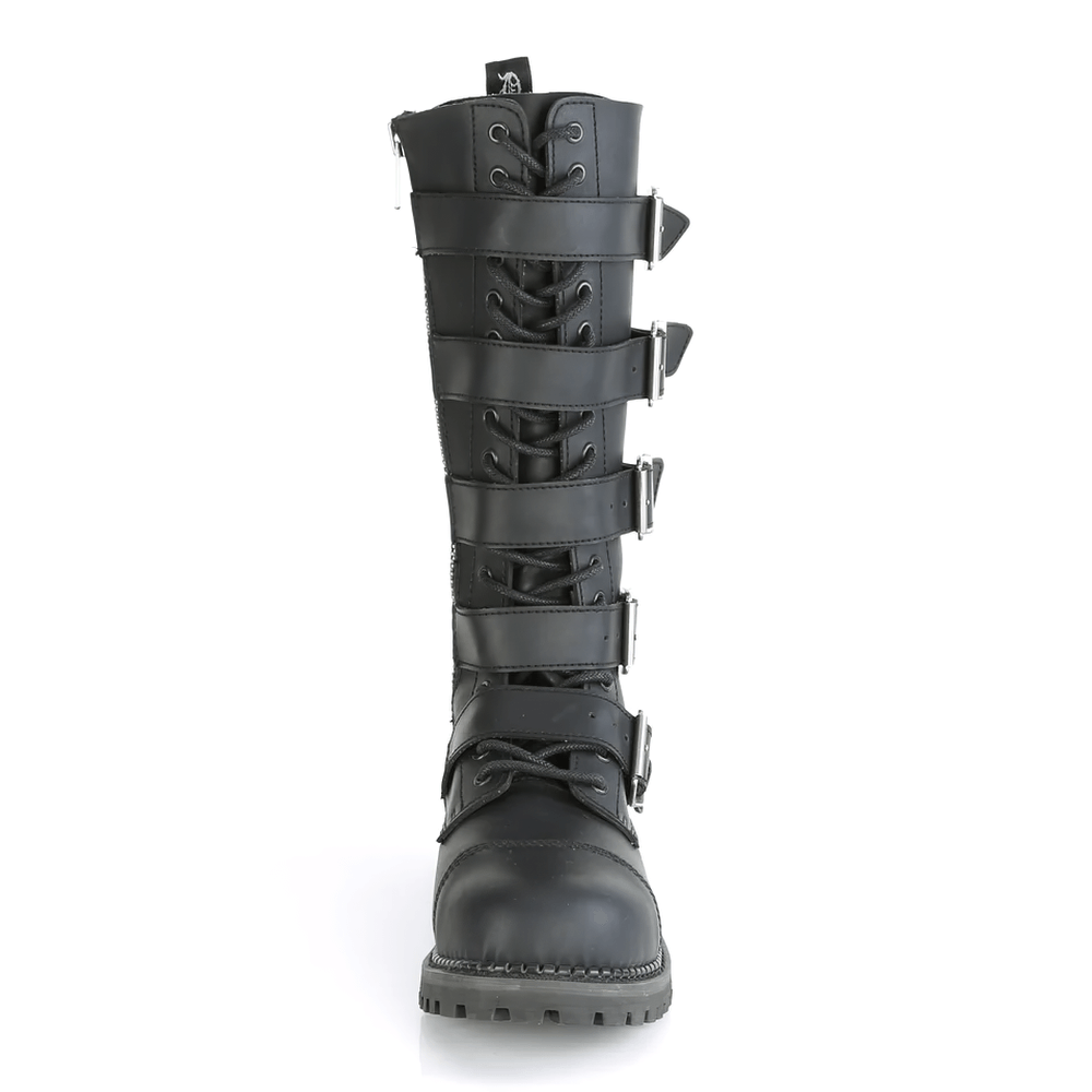 Demonia vegan leather 5-buckle steel toe lace-up boots with eyelets and zippers for stylish durability.