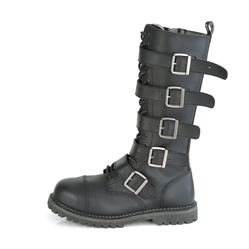 DEMONIA Vegan Leather 5-Buckle Steel Toe Lace-Up Boots