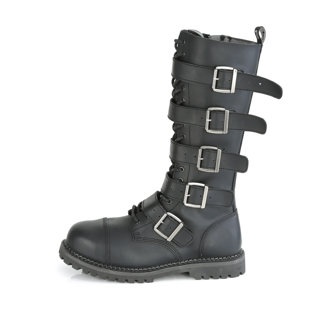 Demonia vegan leather 5-buckle steel toe lace-up boots with eyelets and zippers for a fashion-forward look.