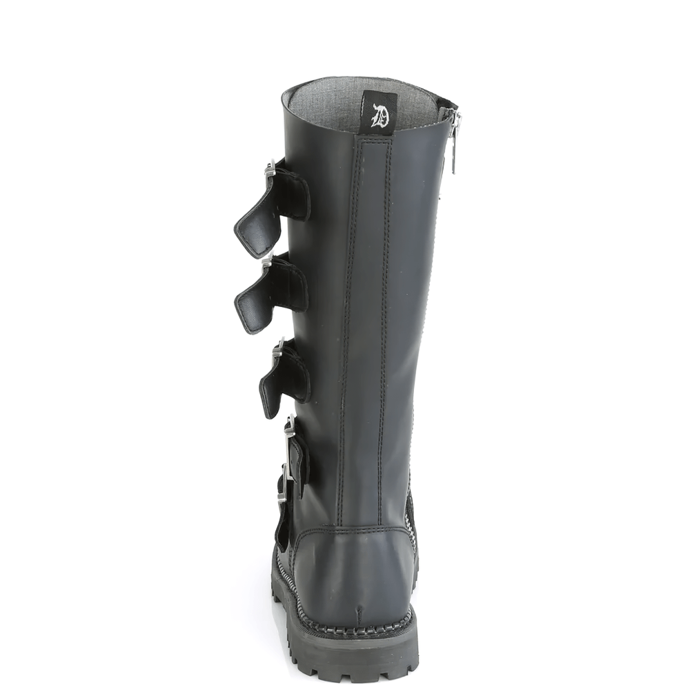 Back view of DEMONIA Vegan Leather 5-Buckle Steel Toe Lace-Up Boots with eyelets and zipper.
