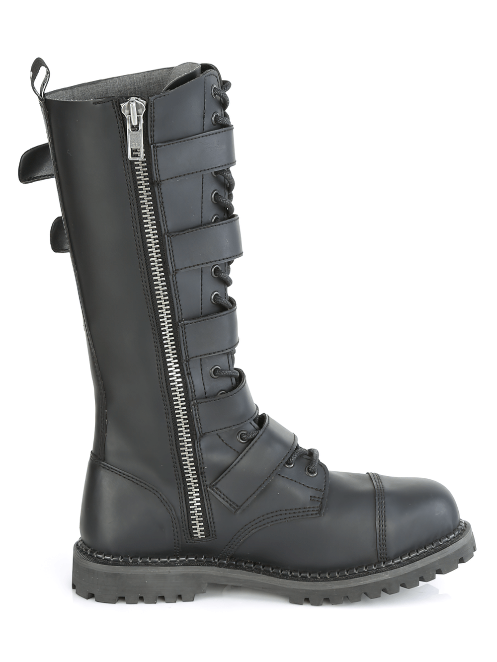 Demonia Vegan Leather 5-Buckle Steel Toe Lace-Up Boots with zipper, eyelets, and rugged rubber sole.