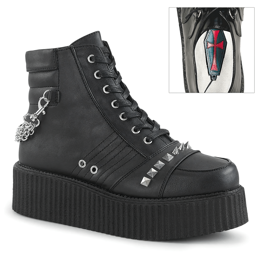 Demonia vegan leather creepers with spikes and chains in black, featuring a chunky platform and stylish urban details.