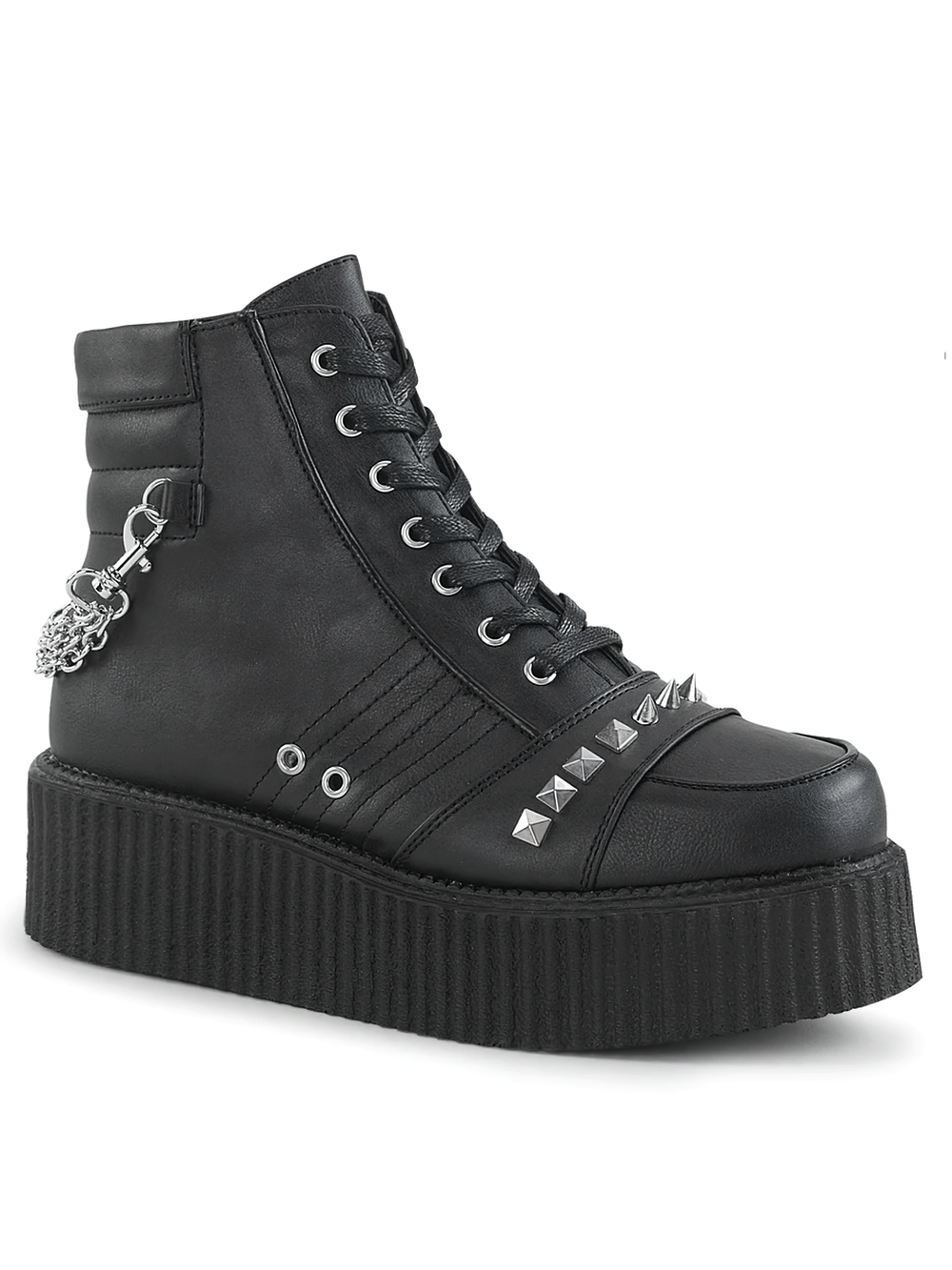 Demonia vegan leather creepers with spikes and chains, featuring a 2-inch platform for stylish urban flair.