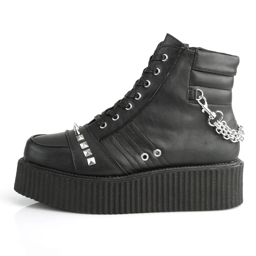 Demonia vegan leather creepers with edgy chain details and studded spikes, perfect for bold urban style.