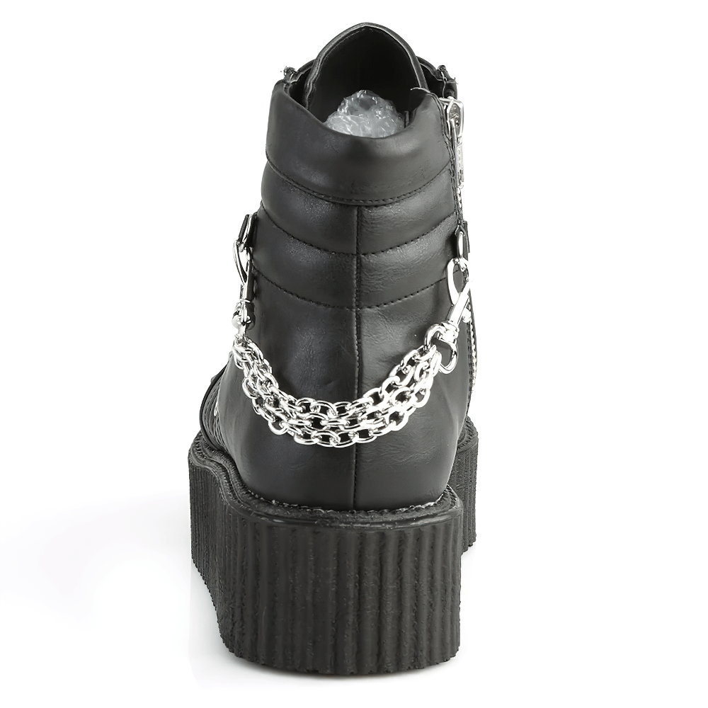 Back view of DEMONIA Vegan Leather Creepers with chain details showcasing stylish spikes and a rugged platform.