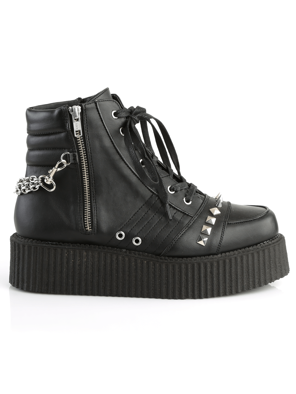 Demonia vegan leather creepers with studs, spikes, and chains, featuring a 2-inch platform and side zipper.
