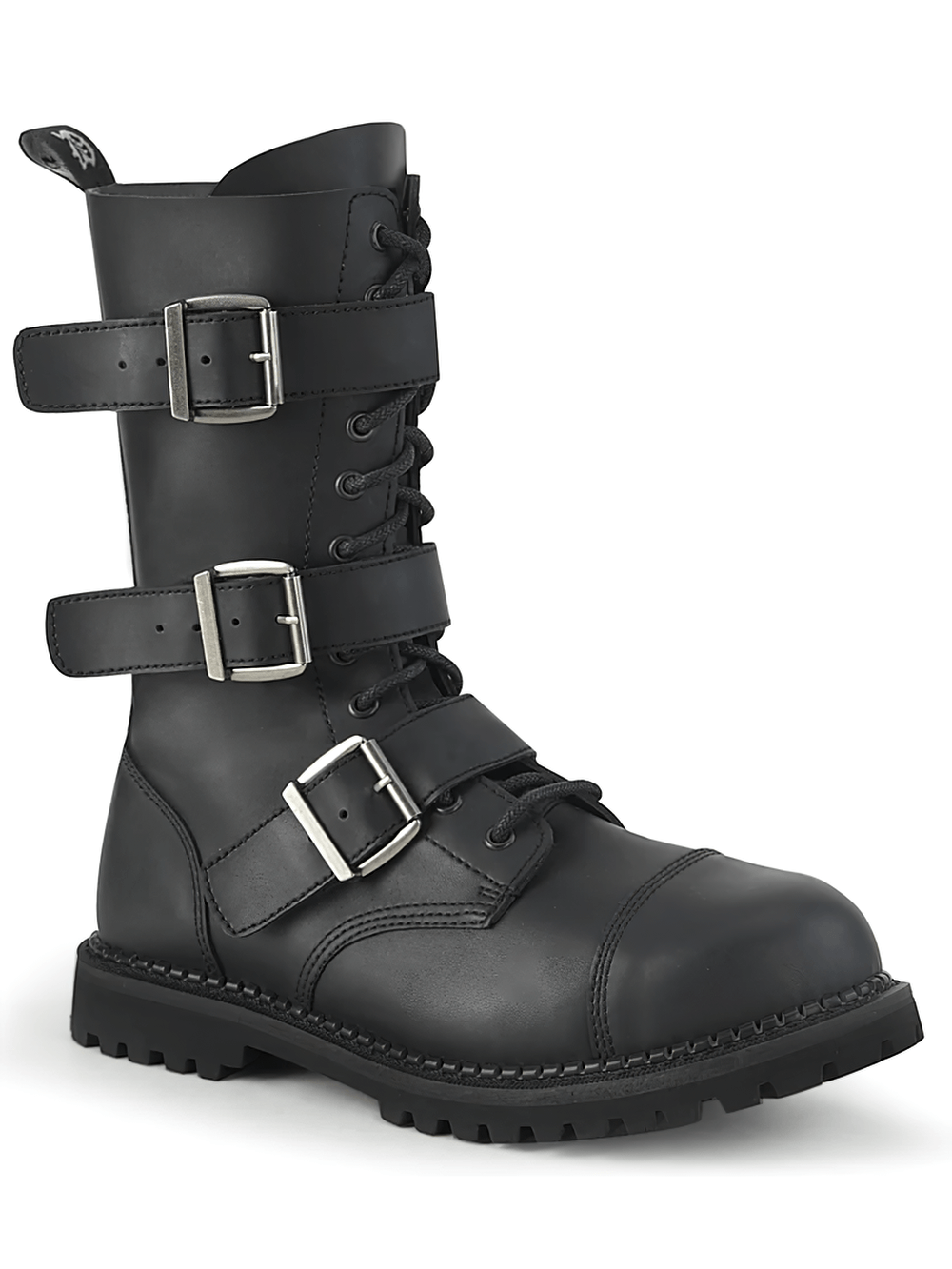 Demonia vegan leather triple buckle round toe boots with lace-up design and robust rubber sole, perfect for edgy fashion.