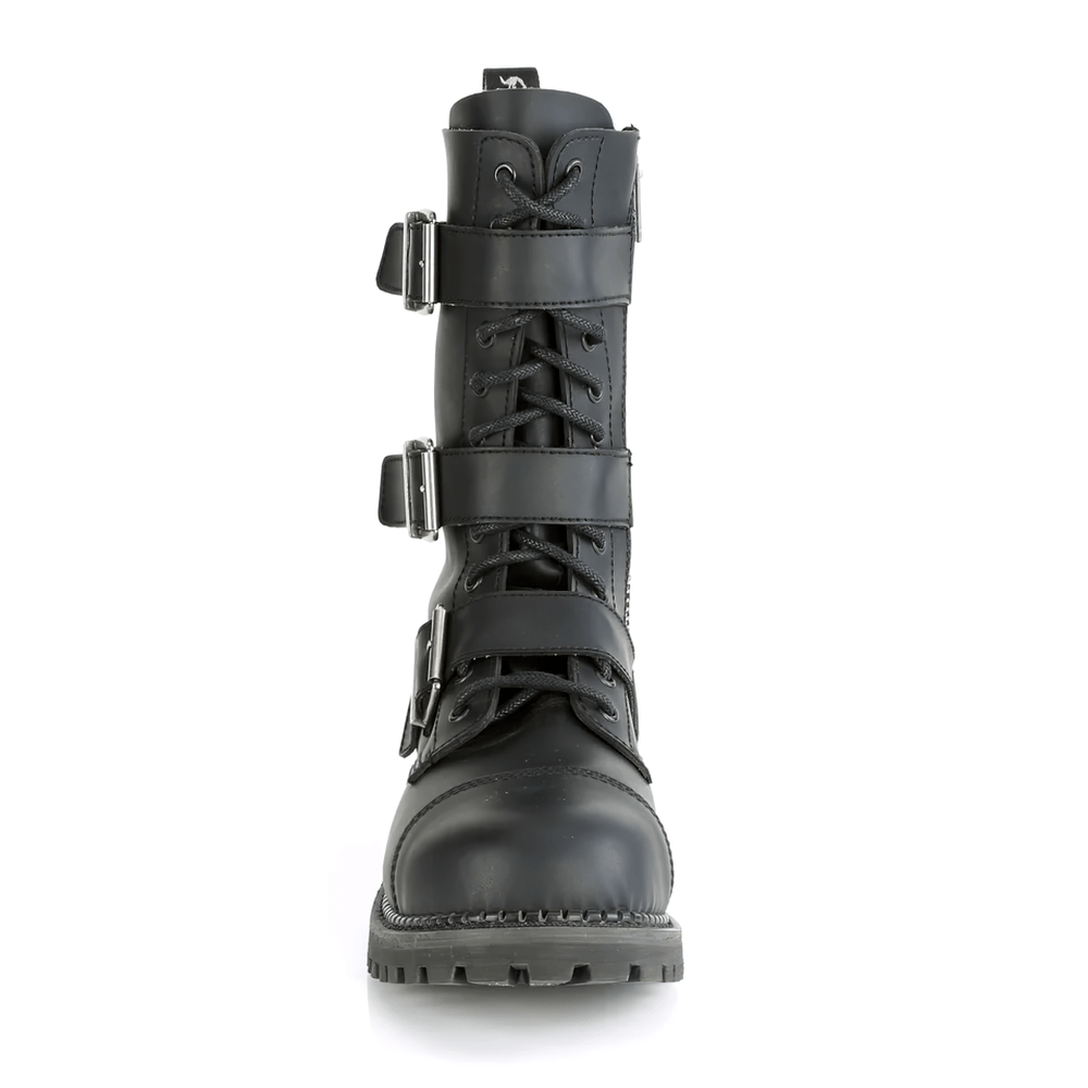 Black vegan leather triple buckle round toe boots with lace-up detail and durable rubber sole.