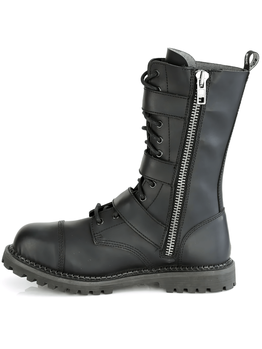 Demonia vegan leather ankle boots with triple buckle and zipper design, perfect for edgy fashion lovers.