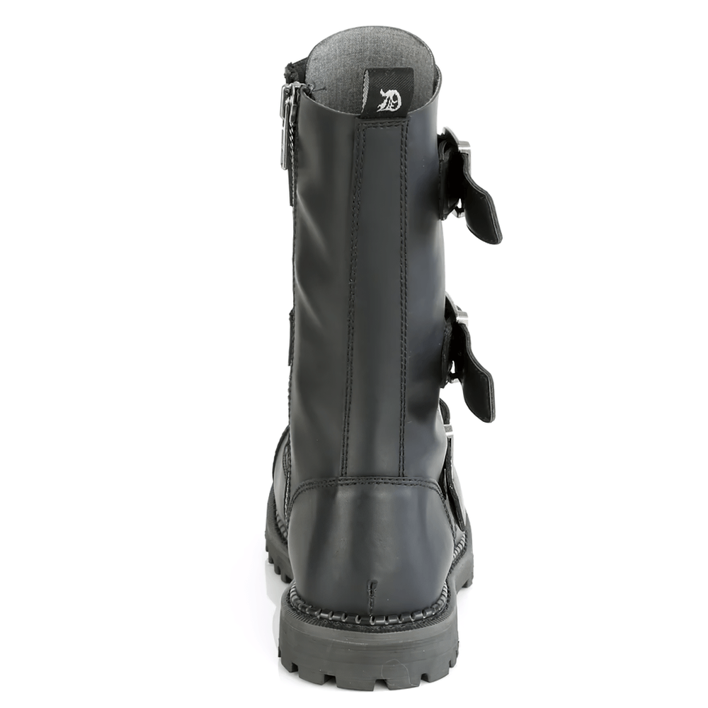 Back view of Demonia vegan leather triple buckle boots with zip, perfect for edgy fashion lovers.