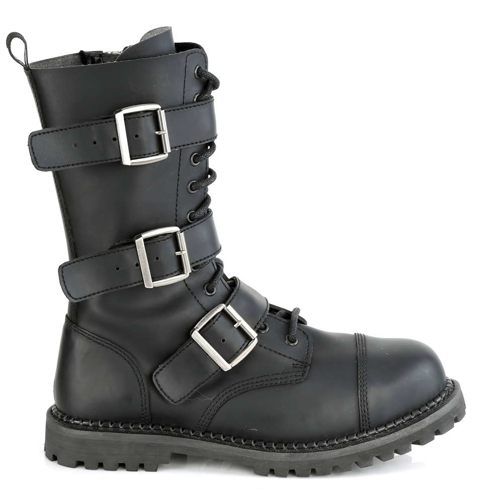 Demonia vegan leather triple buckle round toe boots with lace-up design and sturdy rubber sole.