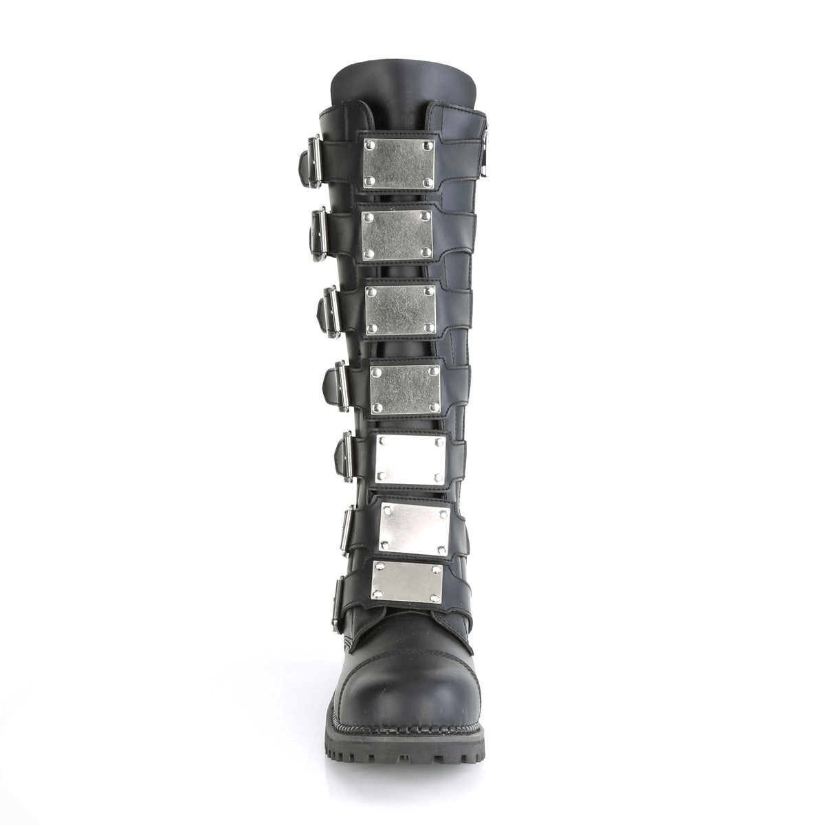 Demonia vegan steel toe knee boots in black with bold buckles and metal plates, perfect for punk-inspired fashion.