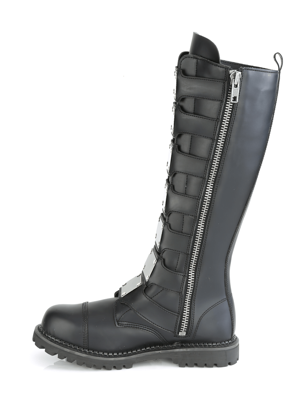 DEMONIA vegan leather knee boots with steel toe and bold buckles for punk-inspired fashion.