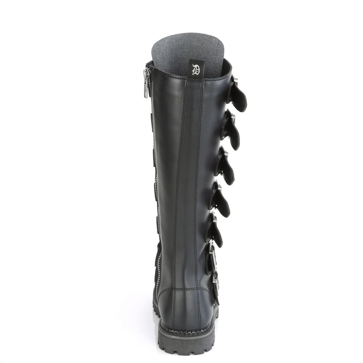 Back view of DEMONIA Vegan Steel Toe Knee Boots showcasing bold buckles and sleek black vegan leather.