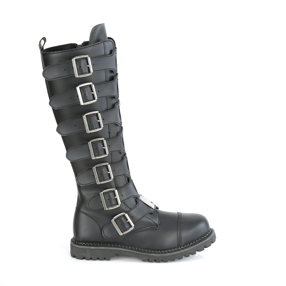 Black vegan leather knee boots with buckles and steel toe, perfect for punk-inspired style.