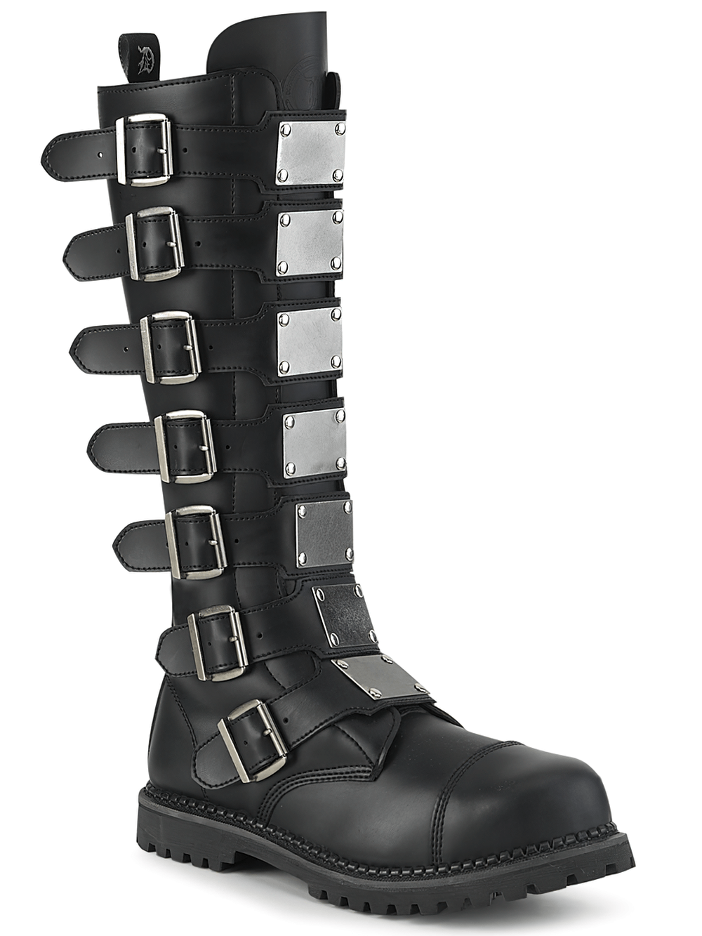 Punk-inspired vegan leather knee boot with steel toe and bold buckles, perfect for making a statement.