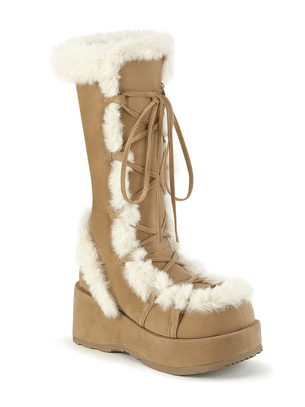 Demonia camel platform mid-calf boots with faux fur trim and lace-up design, perfect for cozy winter style.