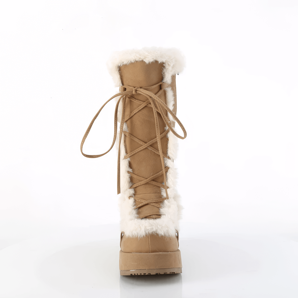 Demonia vegan suede camel mid-calf boots with faux fur trim and lace-up front, perfect for winter fashion.