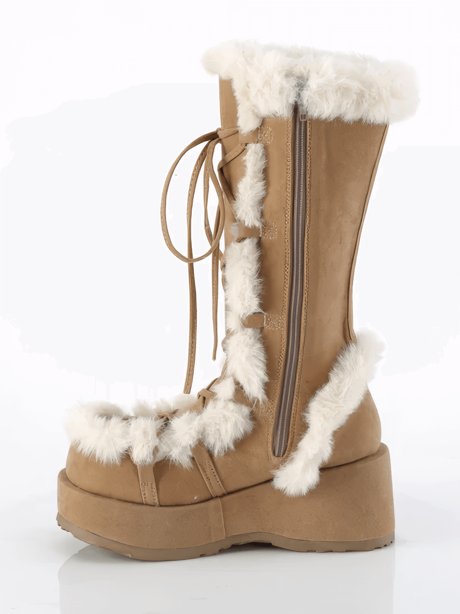 Camel mid-calf lace-up boots with faux fur trim and platform sole for cozy winter fashion.