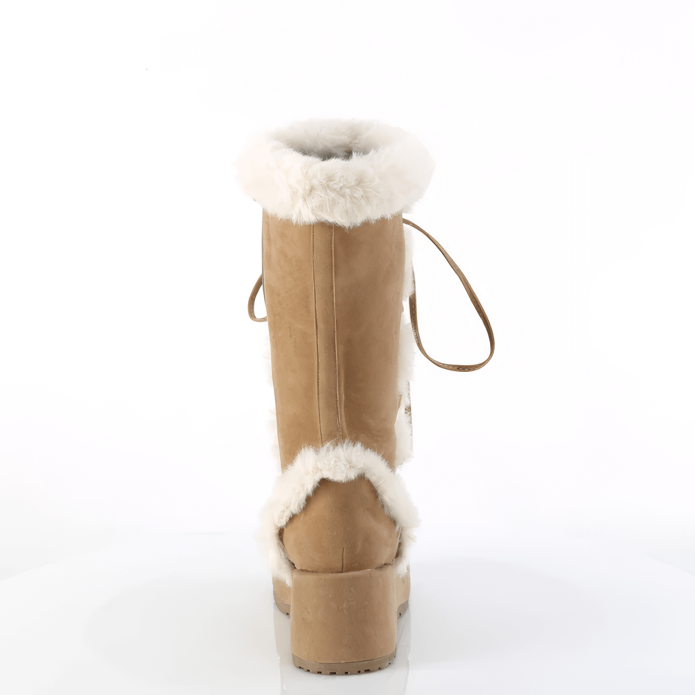 Back view of DEMONIA vegan suede camel mid-calf boots with faux fur trim and lace-up design.