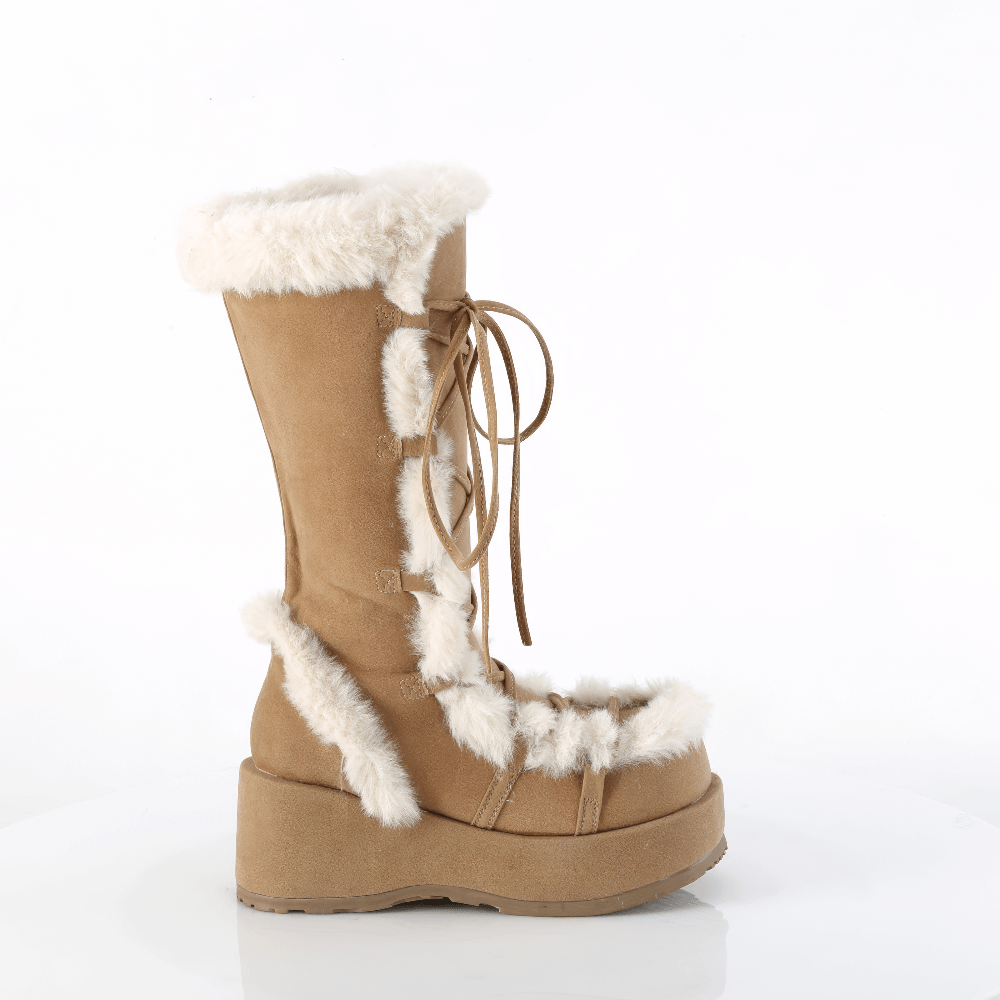 Demonia vegan suede camel platform mid-calf boots with faux fur trim and lace-up front.