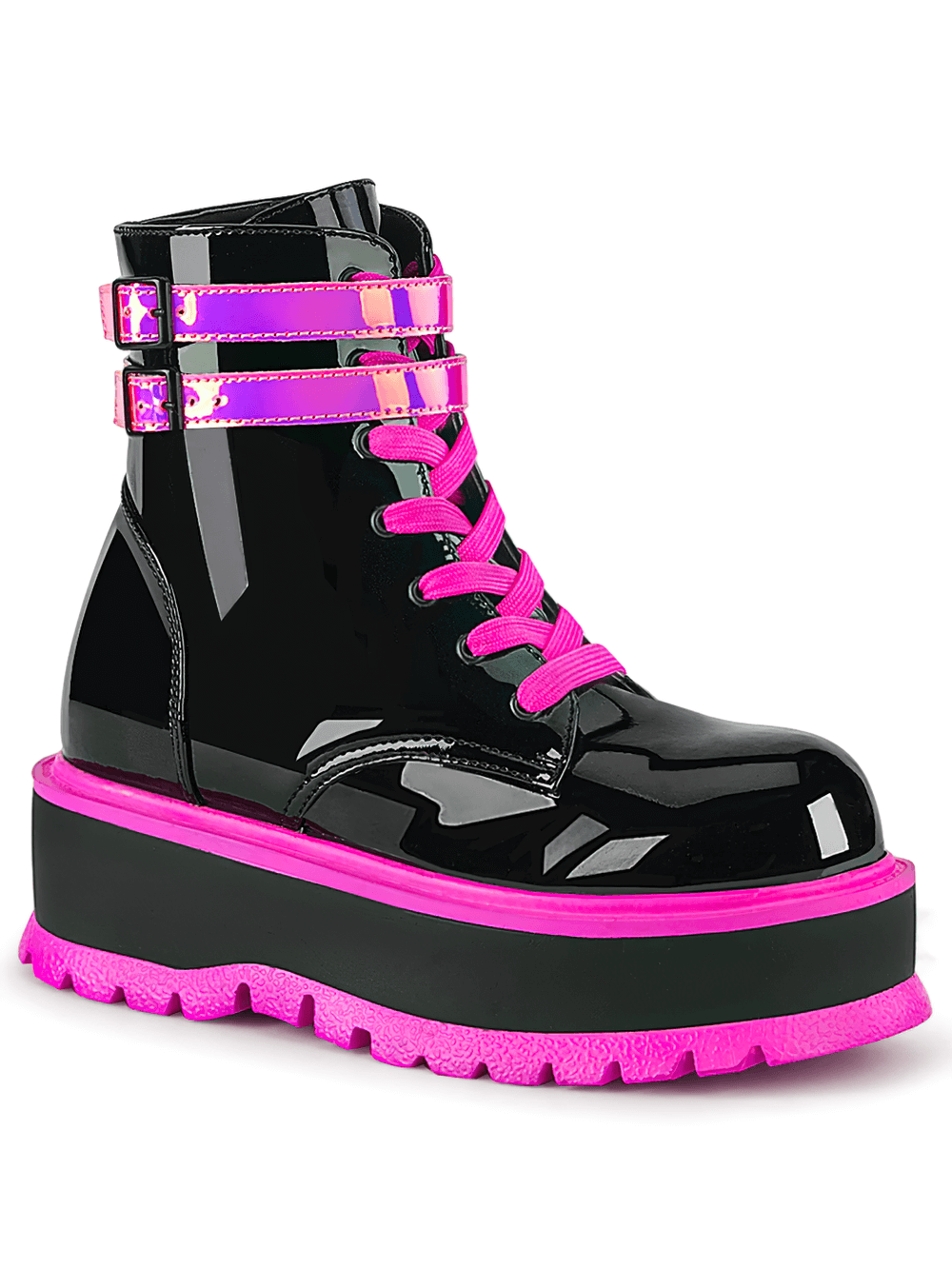 DEMONIA Vibrant Pink Strap Platform Lace-Up Boots