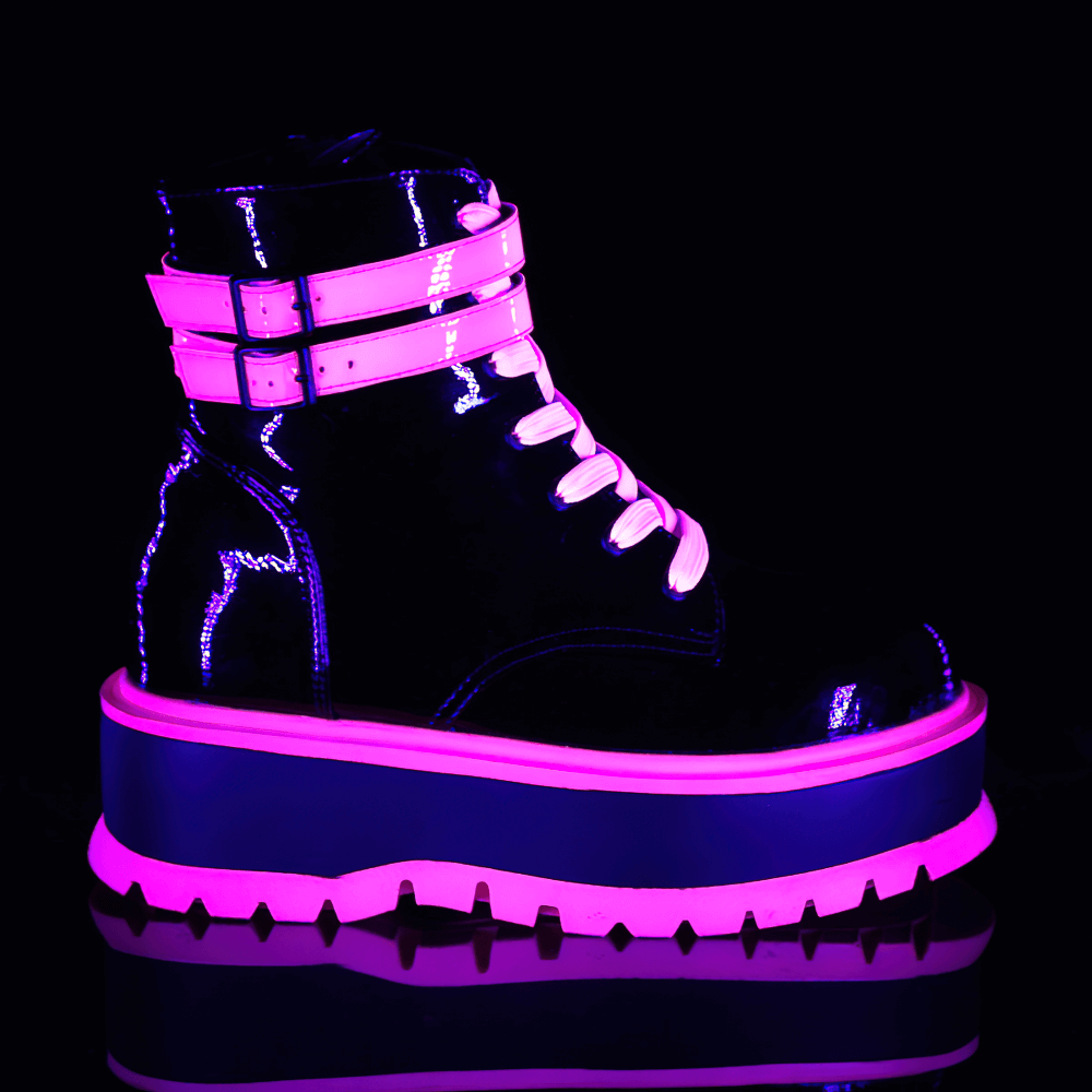 DEMONIA Vibrant Pink Strap Platform Lace-Up Boots