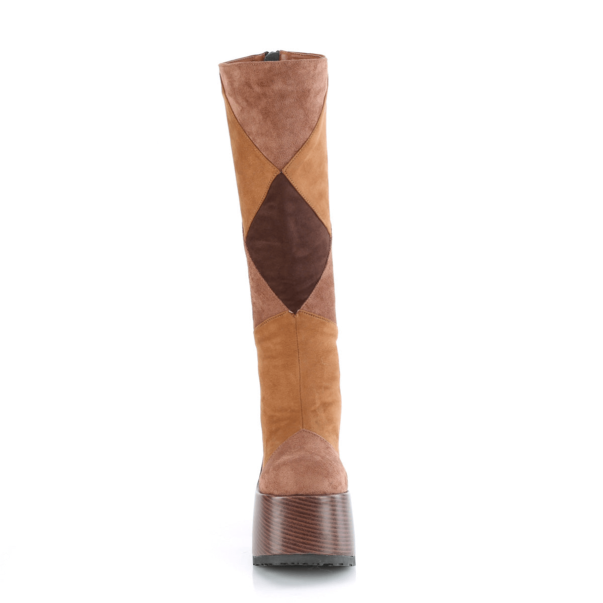 Demonia Vintage Brown Knee-High Patchwork Platform Boots with faux wood block heel.