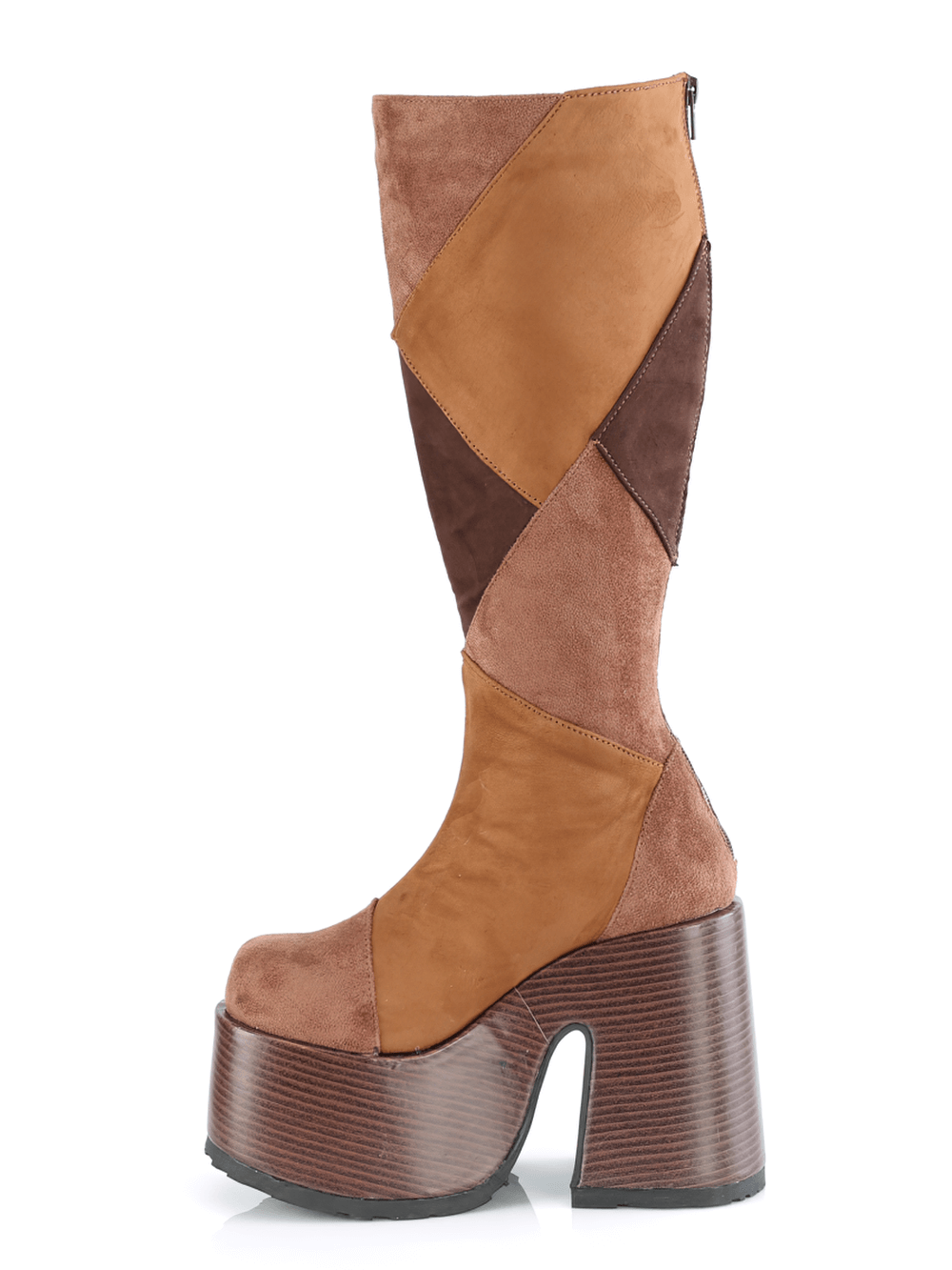 DEMONIA Vintage Brown Knee-High Patchwork Platform Boots