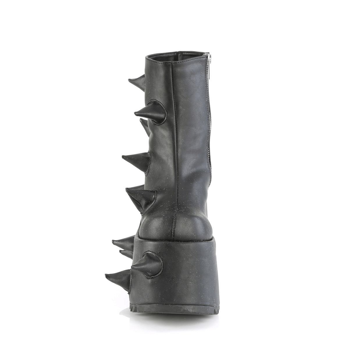 Punk-inspired black vegan leather wedge ankle boots with spiked horns and side zip closure, perfect for making a bold style statement.