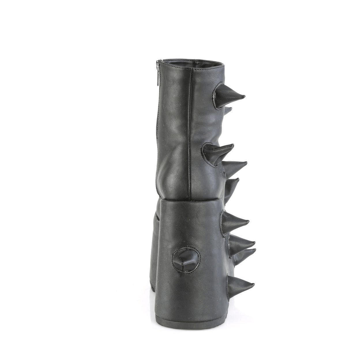 Punk-inspired vegan leather wedge ankle boots with spiked horns, featuring a stylish 7-inch platform.
