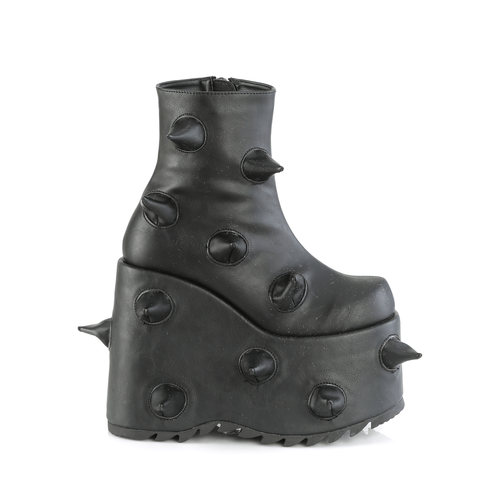 Demonia punk-inspired wedge platform ankle boots with spiked horns in black vegan leather, perfect for bold and edgy fashion.