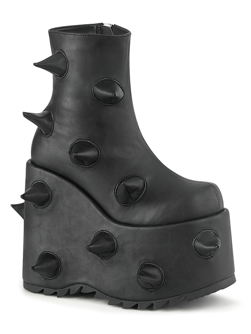 Demonia black wedge platform ankle boots with spiked horns, perfect for a punk-inspired bold style.
