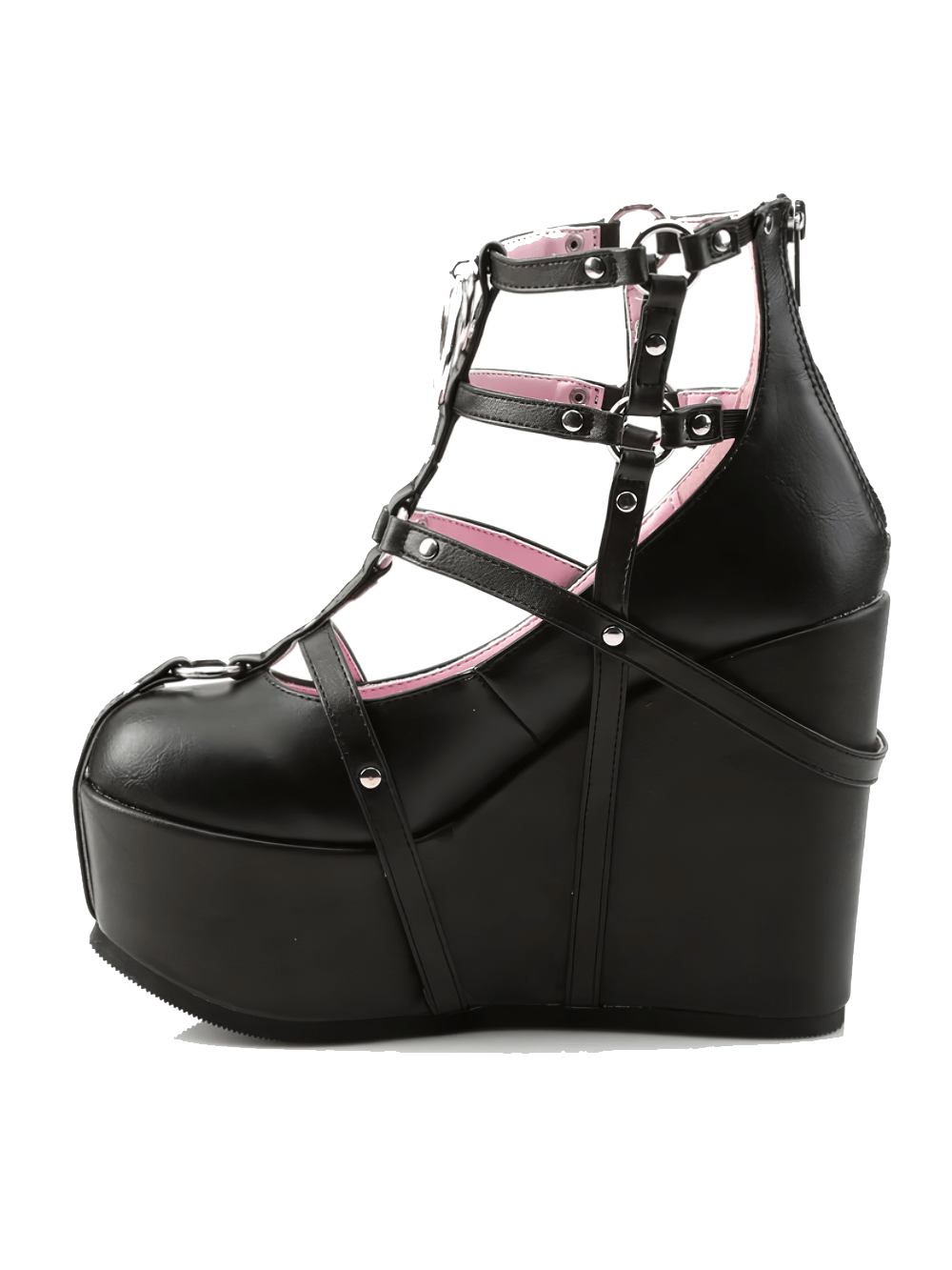 Demonia wedge platform shoes in black vegan leather with straps and studs, featuring a pink lining and pentagram charm.