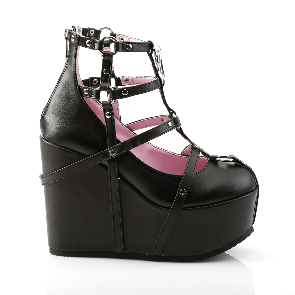 Demonia wedge platform shoes with straps, pentagram charm, and vegan leather, perfect for a bold night out.
