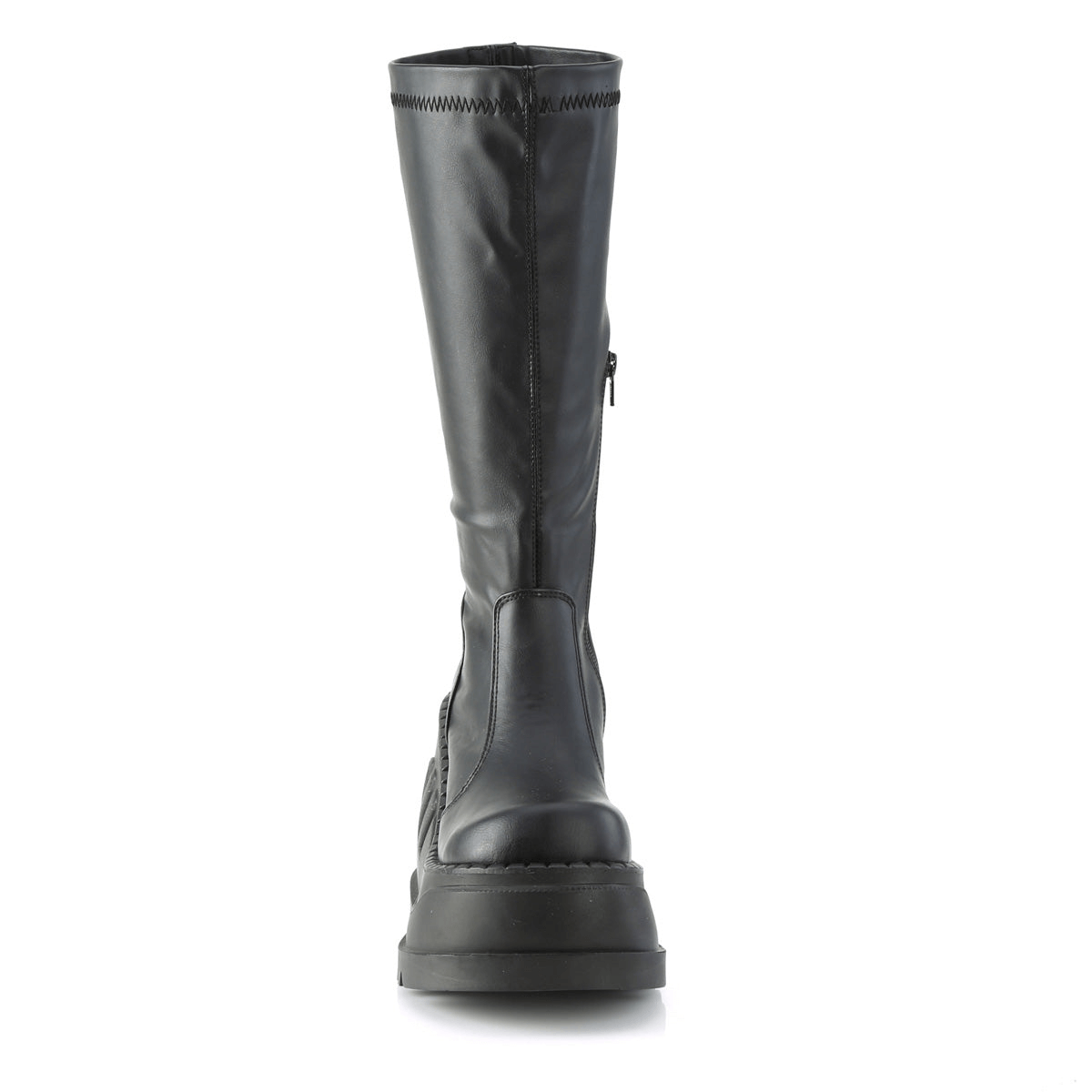 Stylish black knee high wedge platform boots with back zip closure and chunky sole.