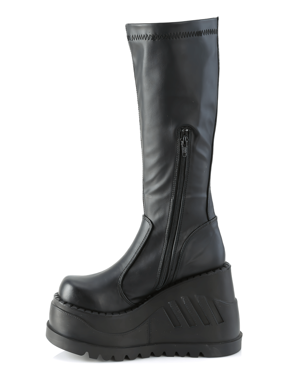 Demonia black knee-high wedge platform boots with back zip closure and chunky sole.