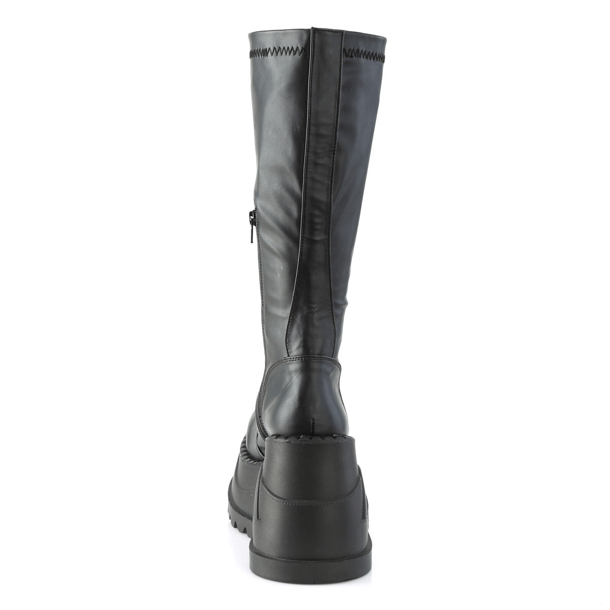 Back view of Demonia black knee high wedge platform boots with metal zip closure.