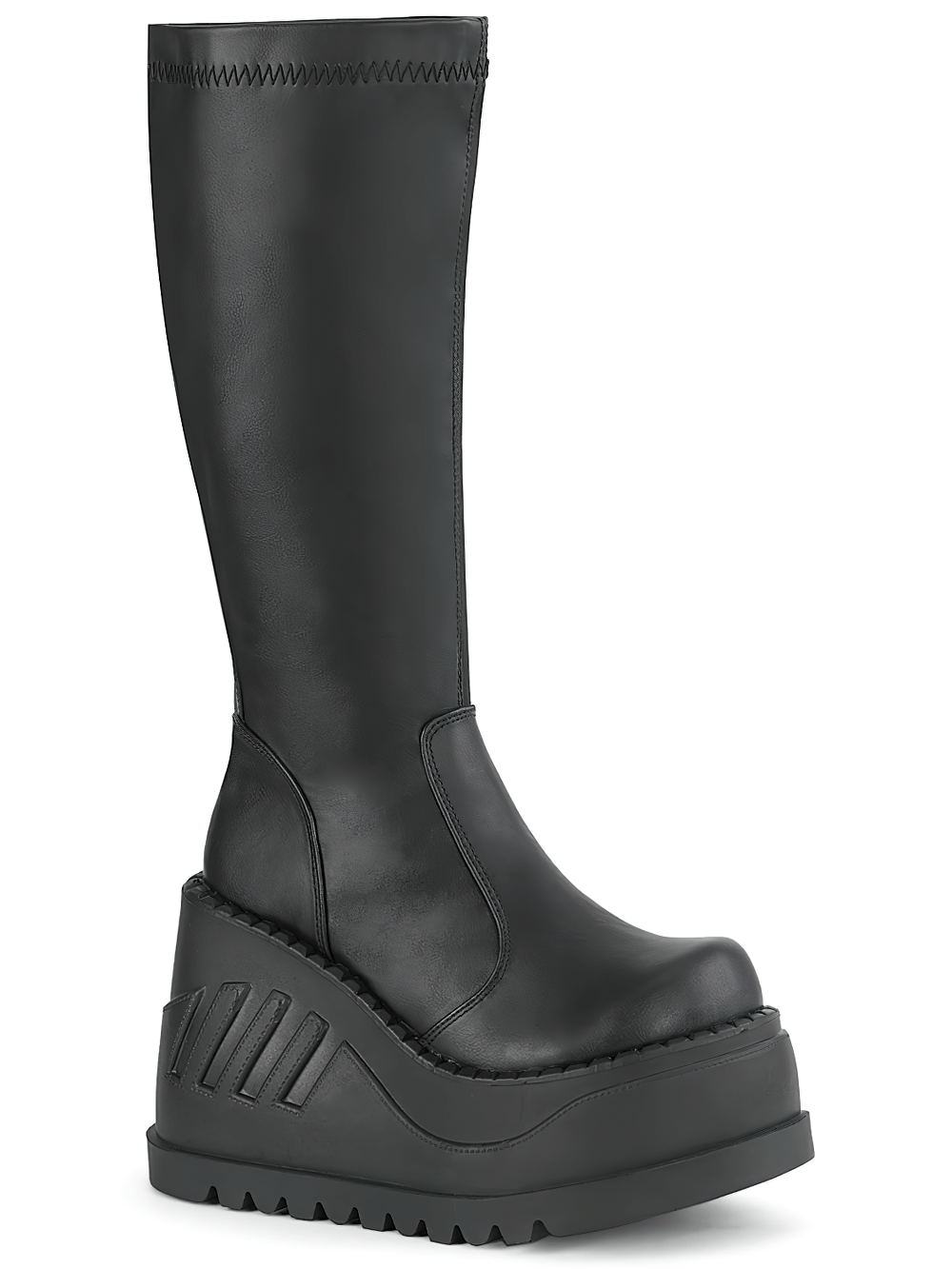 Edgy black knee-high wedge platform boots with a bold design and back zip closure.