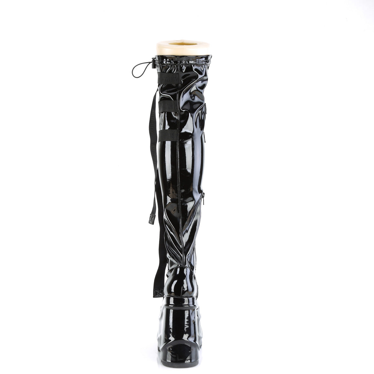 Daring Demonia Wedge Thigh High Boots with black patent finish and buckle details for a bold fashion statement.