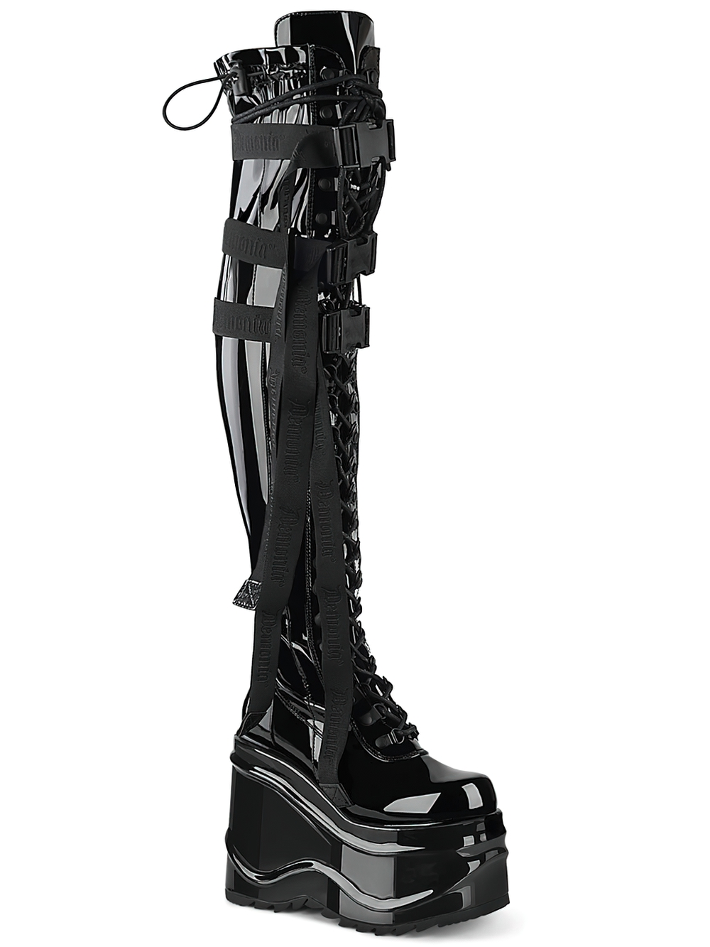 Demonia black thigh-high wedge boots with buckle and strap detail, showcasing a sleek high-shine finish.