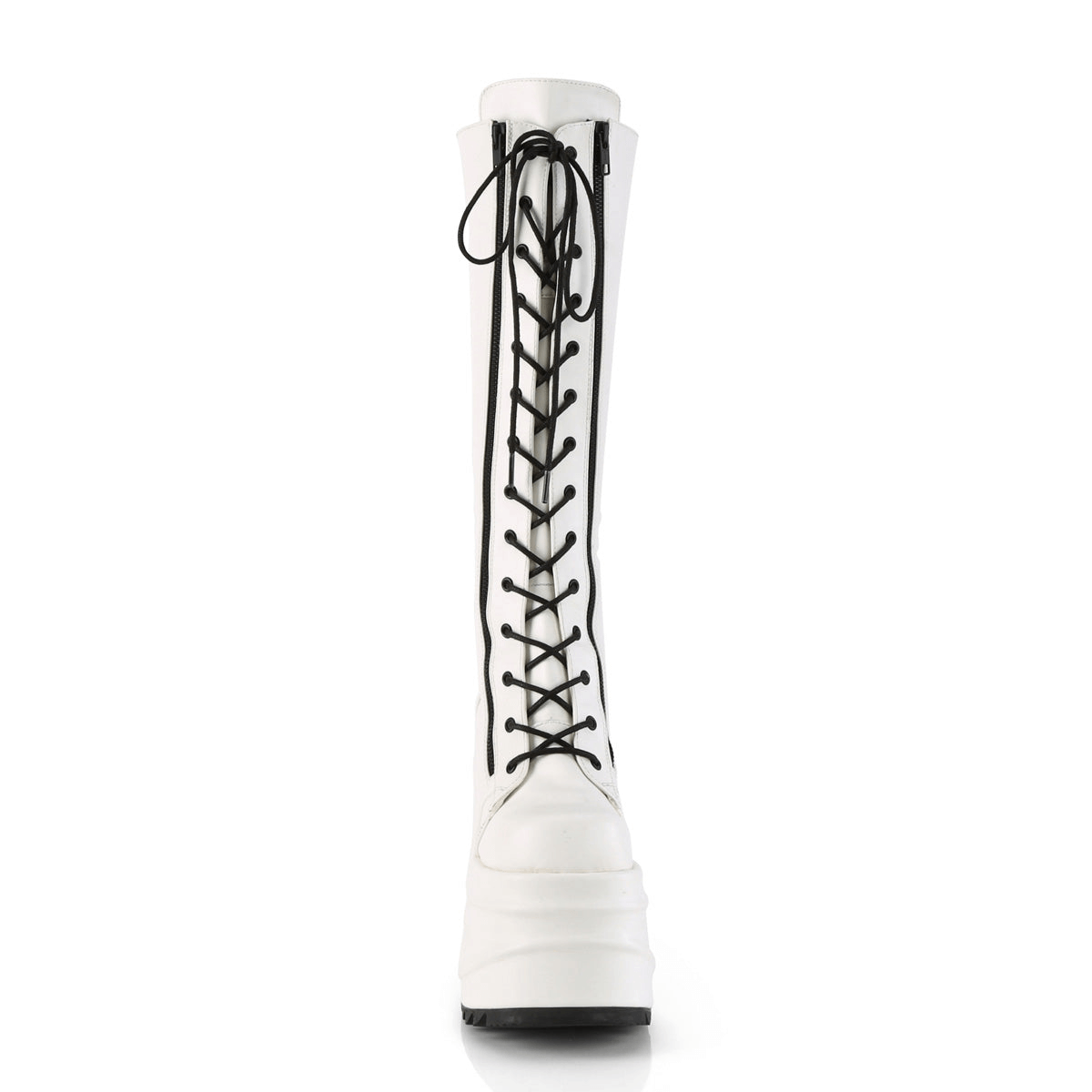Daring DEMONIA white knee-high lace-up boots with 6-inch wedge platform and double zippers, perfect for bold fashion statements.