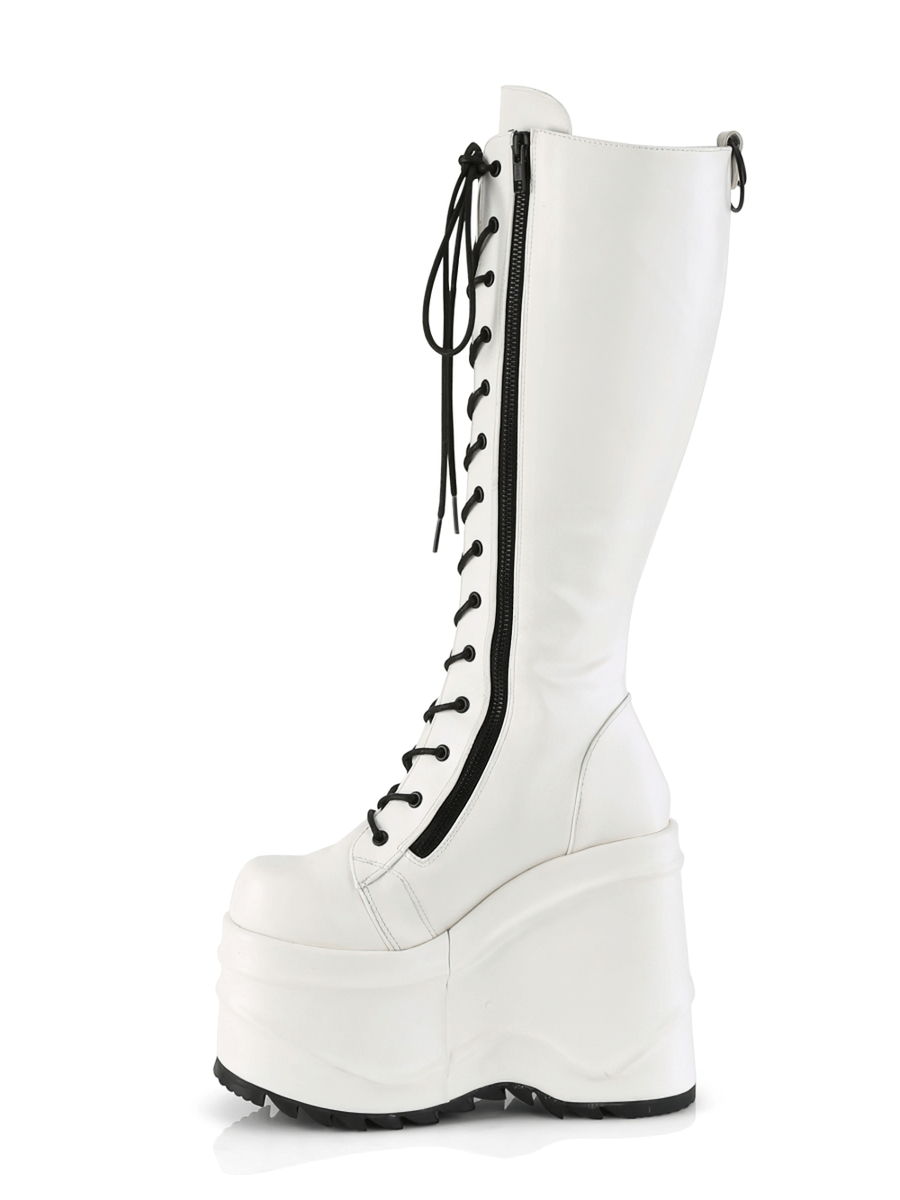 Daring Demonia white knee-high wedge platform boots with lace-up front and black zippers.