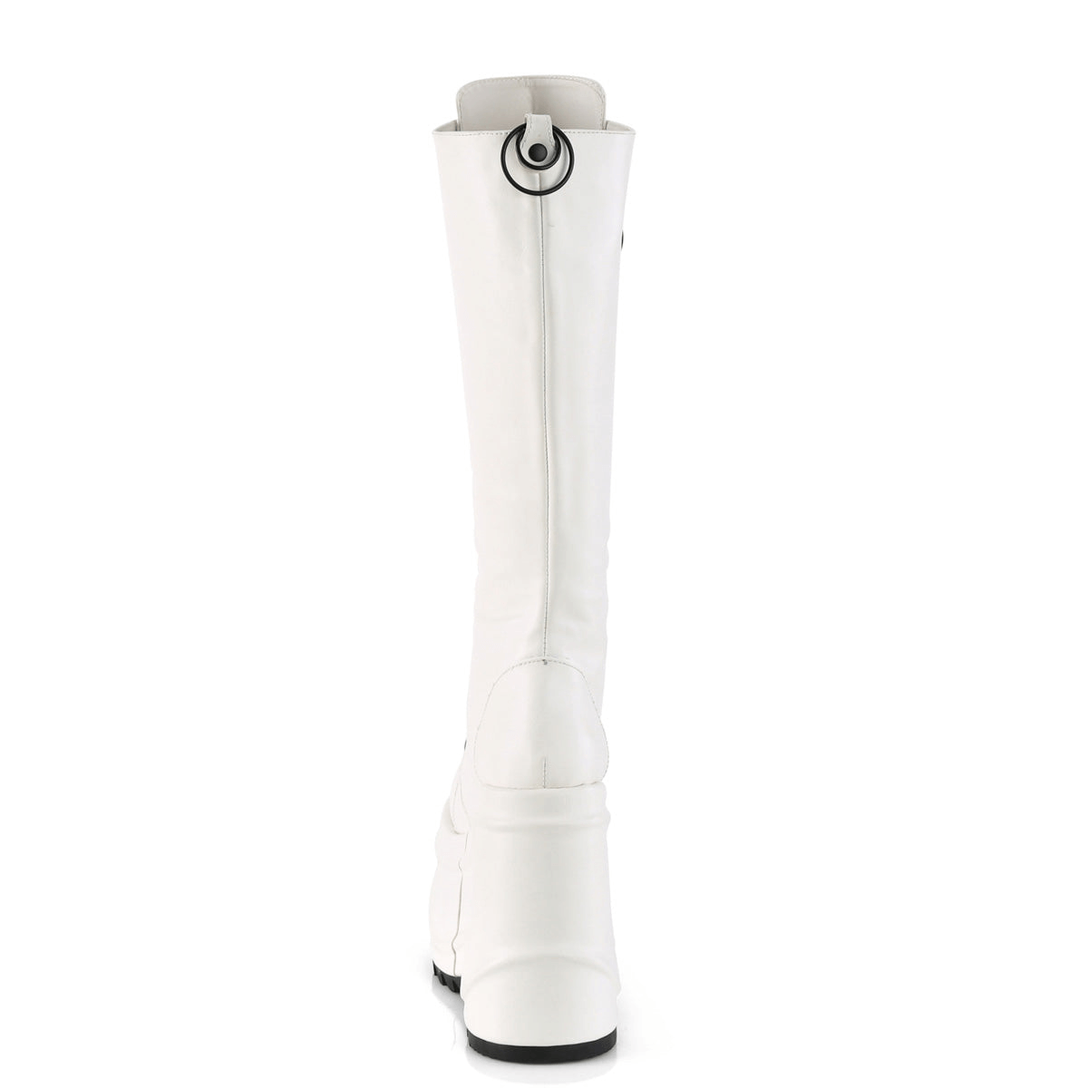 Back view of Demonia white knee-high wedge platform boots with double zippers, made from vegan leather.