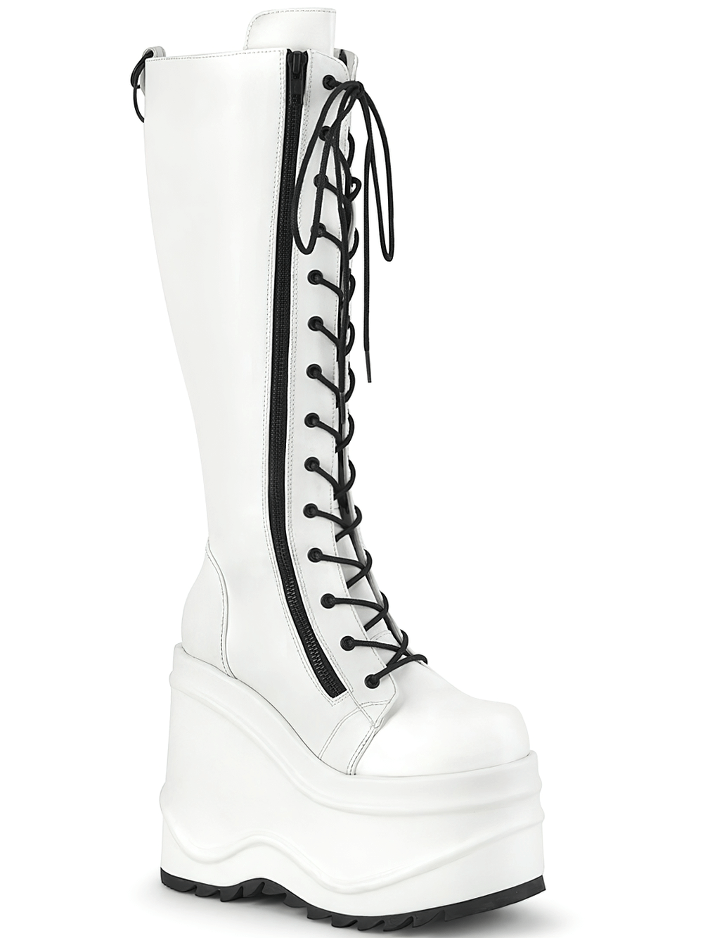 Daring DEMONIA white knee-high boots with lace-up front, back zipper, and 6-inch wedge platform for bold style.