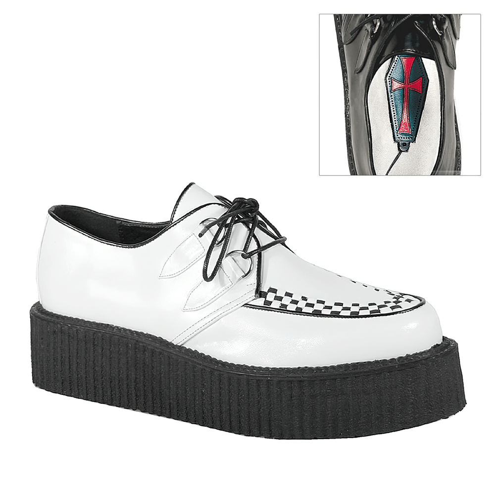 Demonia white and black platform goth punk creeper shoes with checker detail and 2-inch sole for alternative fashion